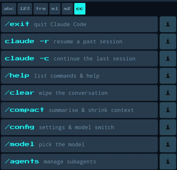 Keyboard page listing Claude Code commands such as /compact, /model and claude --resume as one-tap keys