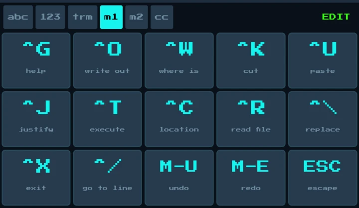 Keyboard page with nano shortcuts: write out, where is, cut, paste, exit, undo and redo